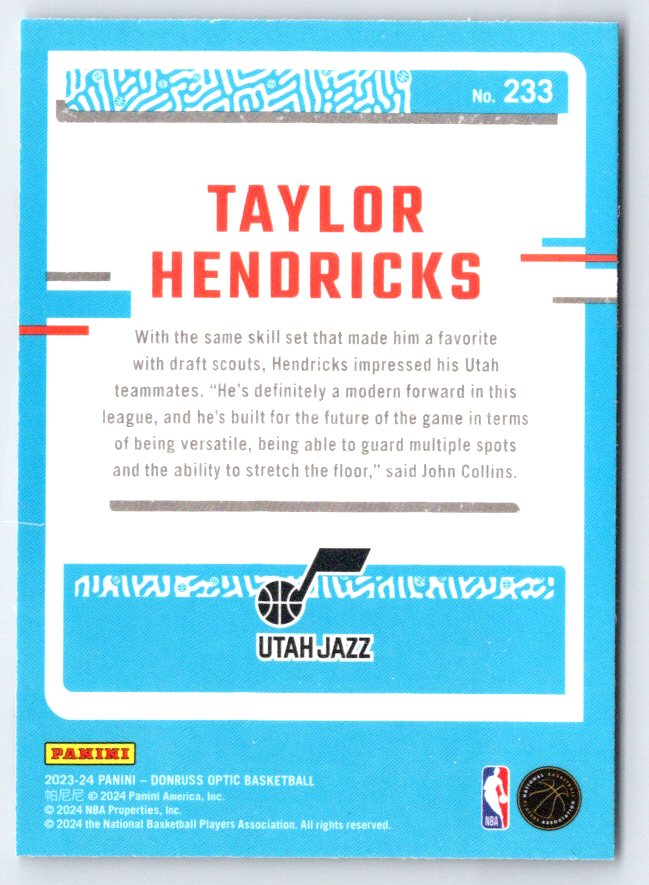 2023-24 Donruss Optic #233 Taylor Hendricks RC Rookie