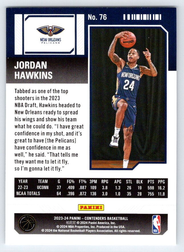 2023-24 Panini Contenders #76 Jordan Hawkins RC Rookie