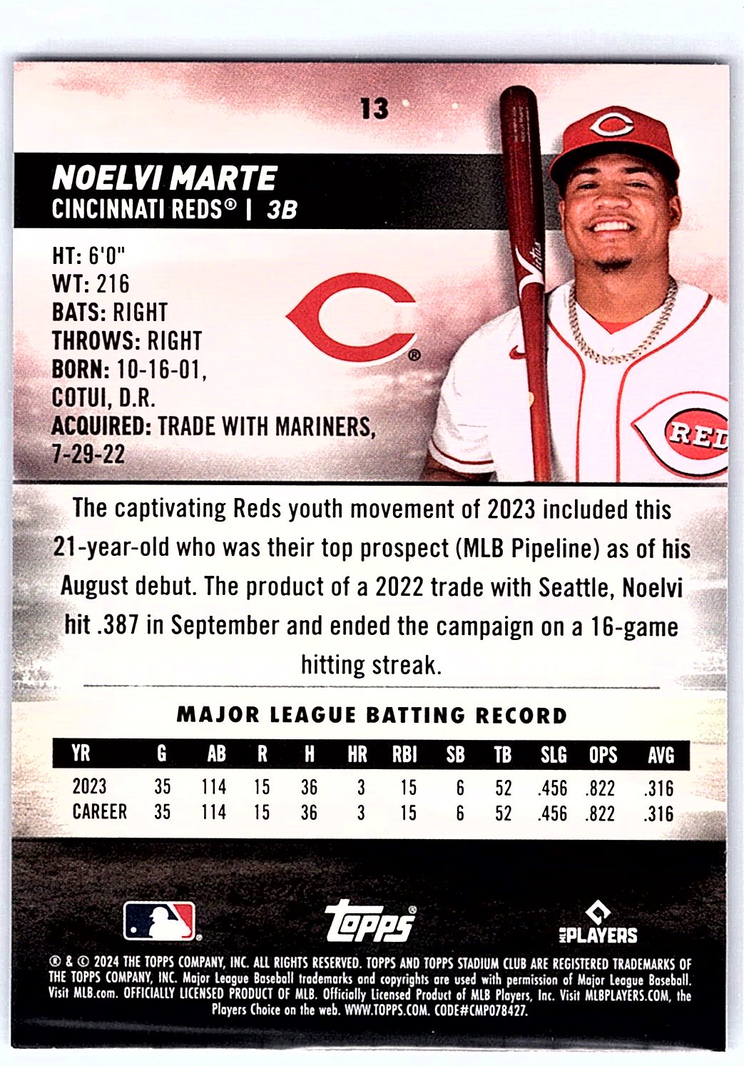 2024 Stadium Club #13 Noelvi Marte