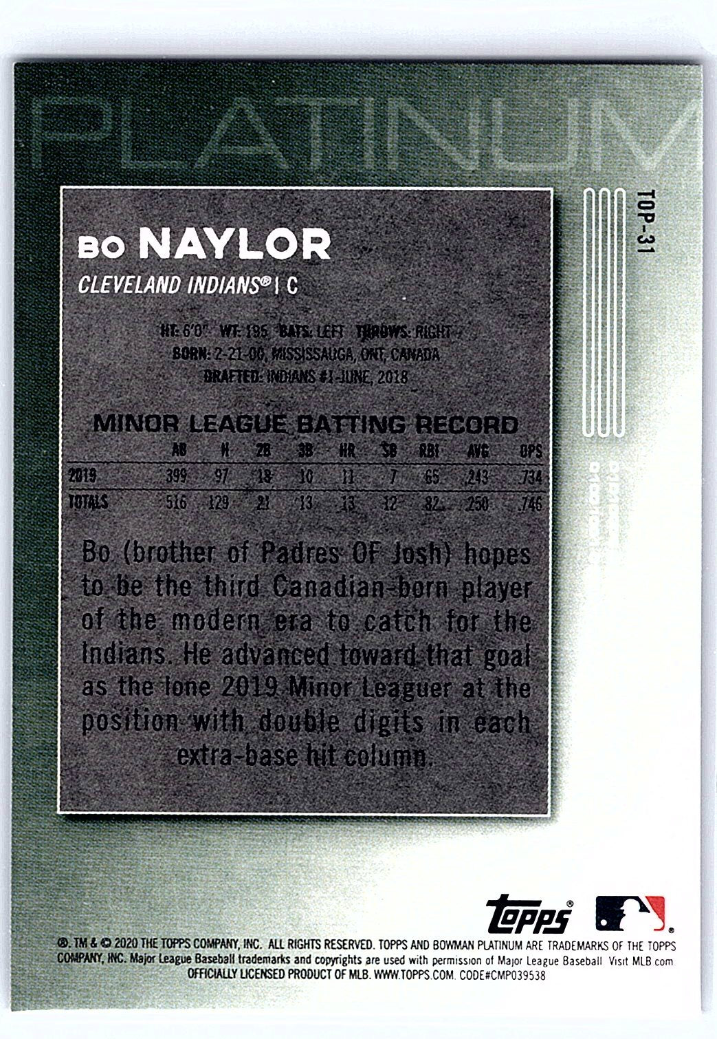 2020 Bowman Platinum #TOP-31 Bo Naylor Top Prospects