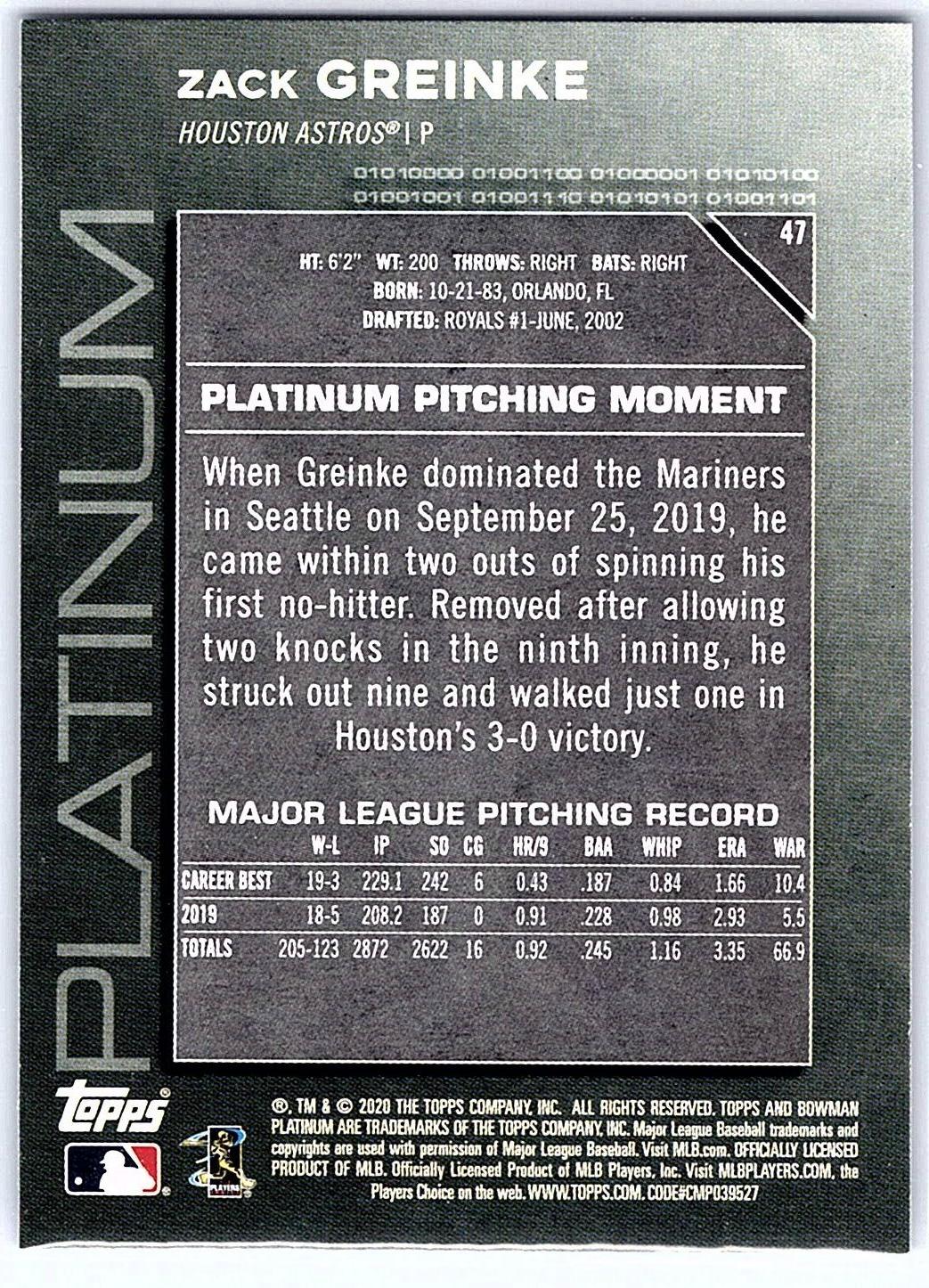 2020 Bowman Platinum #47 Zack Greinke