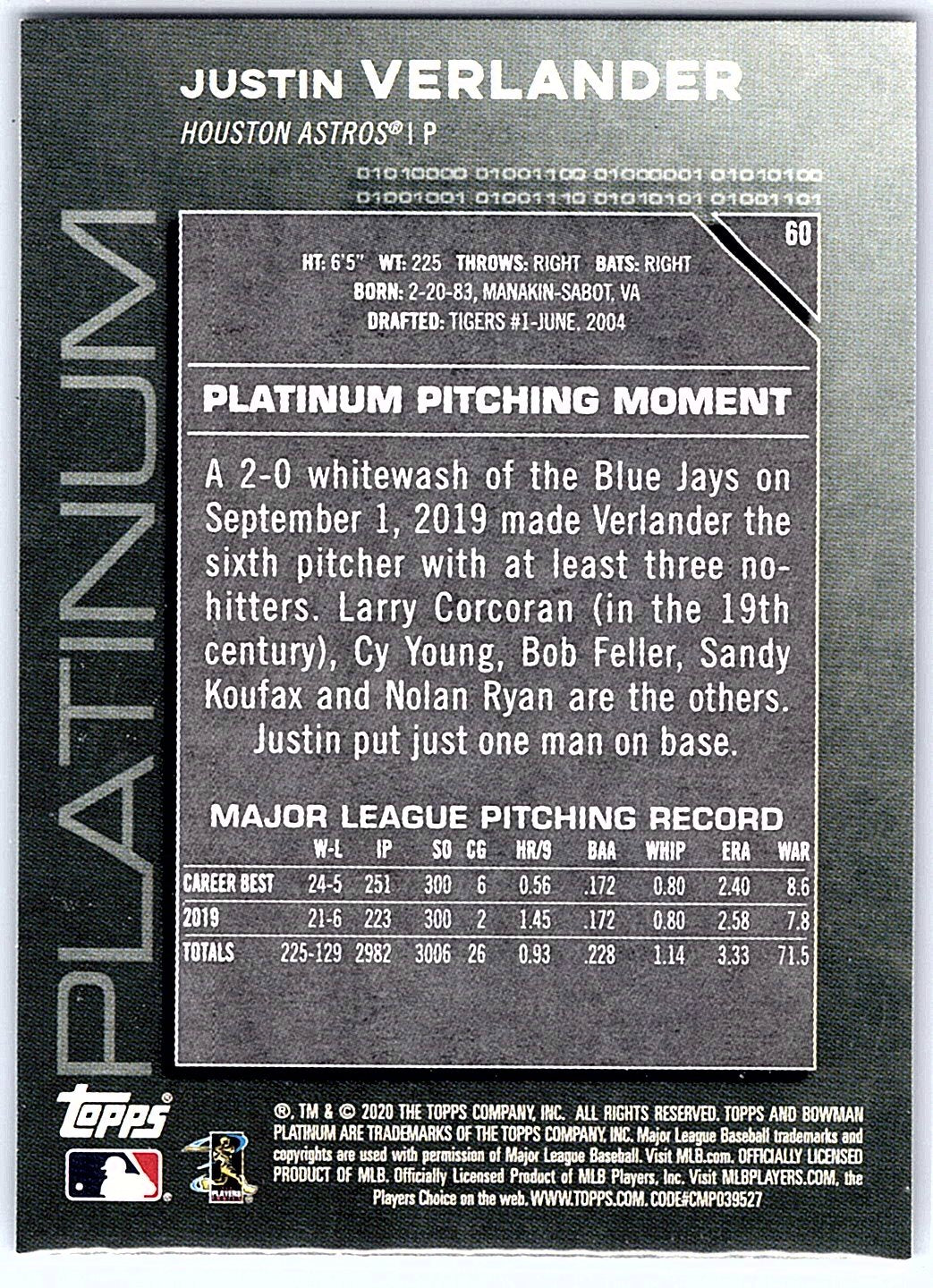 2020 Bowman Platinum #60 Justin Verlander