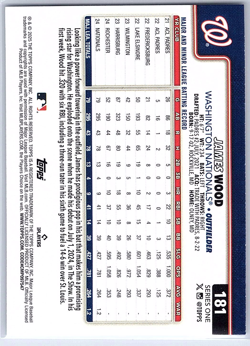 2025 Topps #181 James Wood RC Rookie