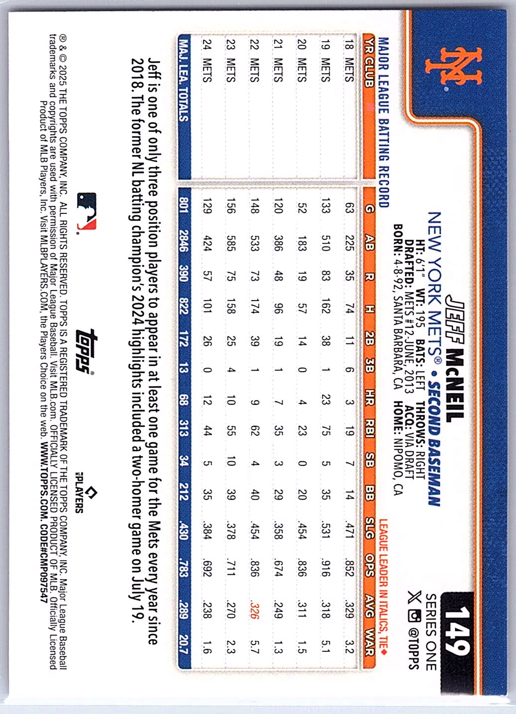 2025 Topps #149 Jeff McNeil
