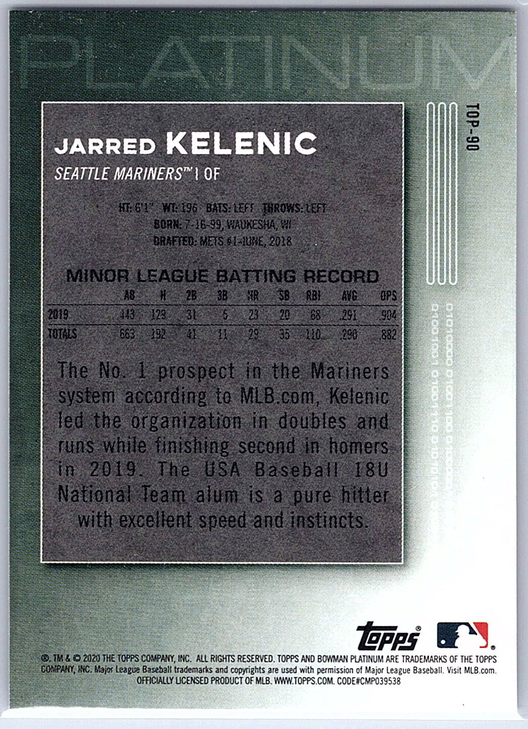 2020 Bowman Platinum #TOP-90 Jarred Kelenic
