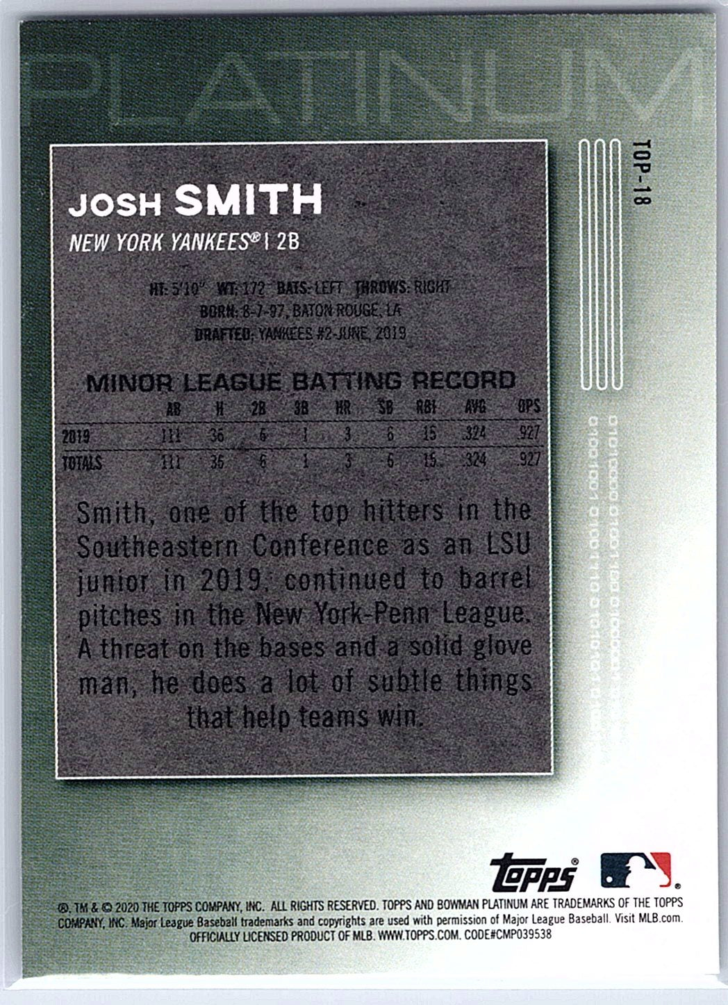 2020 Bowman Platinum #TOP-18 Josh Smith