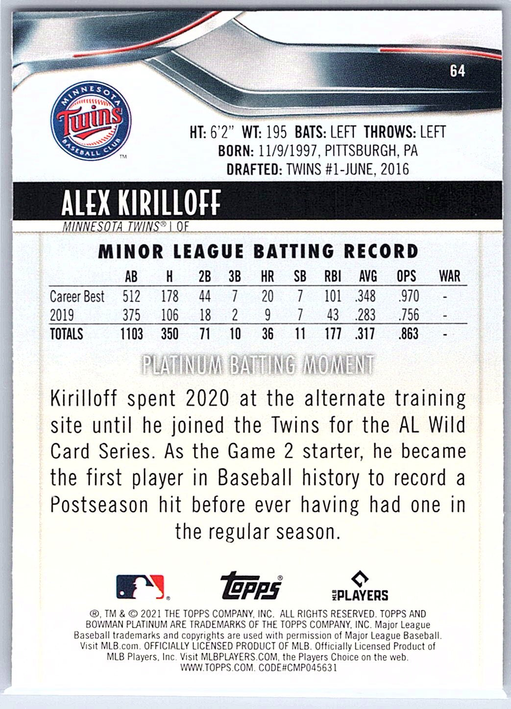 2021 Bowman Platinum #64 Alex Kirilloff RC Rookie