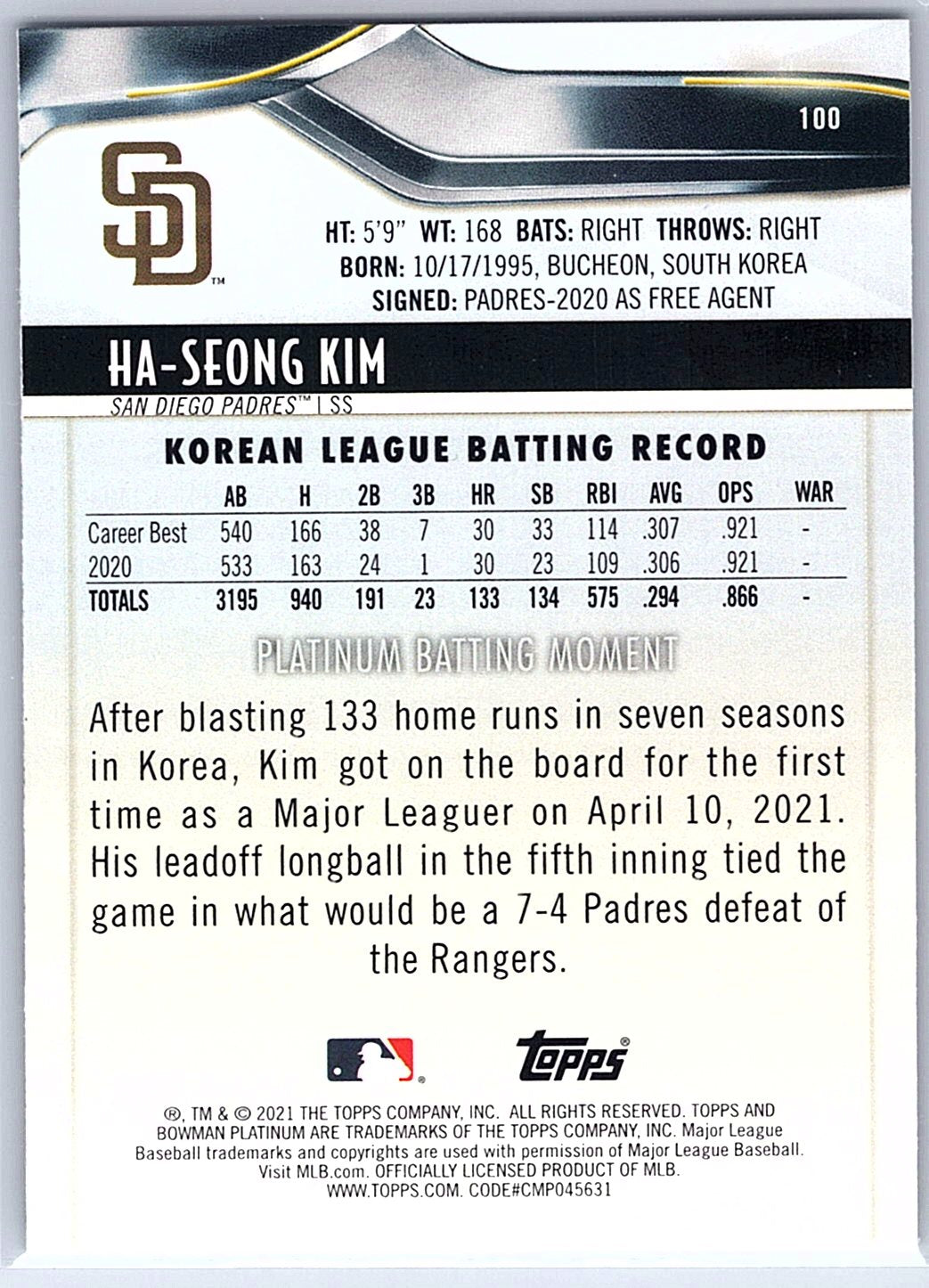 2021 Bowman Platinum #100 Ha-seong Kim RC Rookie