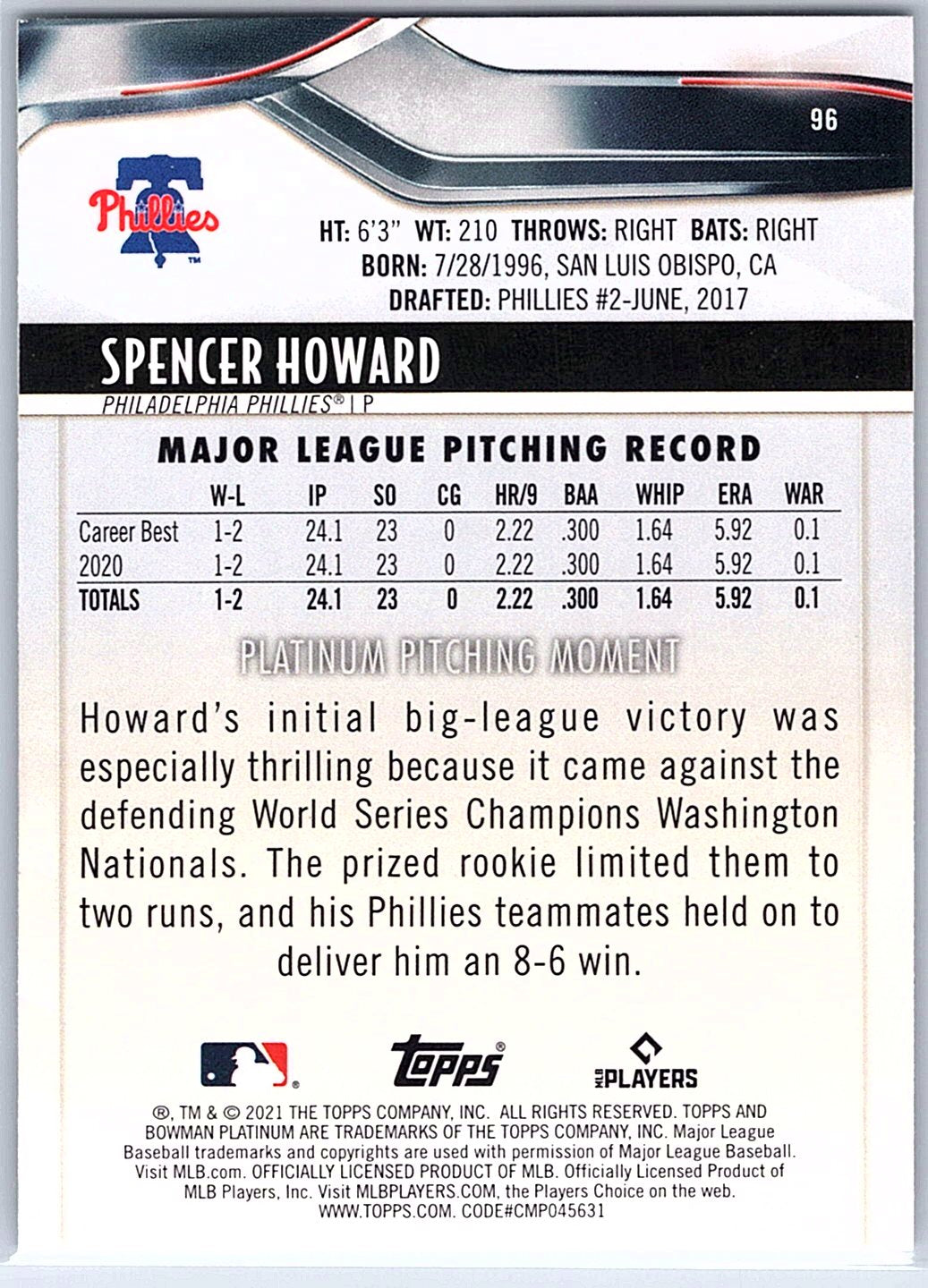 2021 Bowman Platinum #96 Spencer Howard RC Rookie