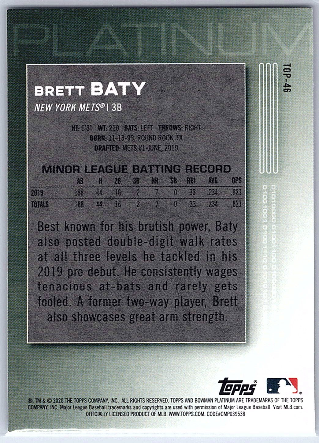 2020 Bowman Platinum #TOP-46 Brett Baty