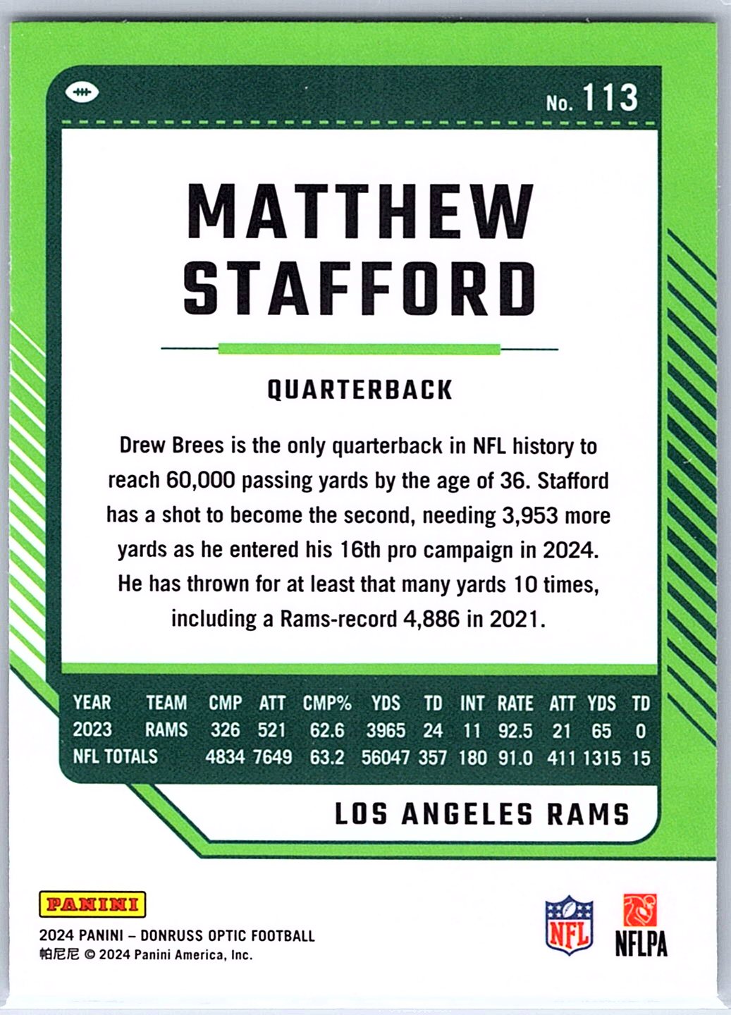 2024 Donruss Optic Matthew Stafford #113 Los Angeles Rams