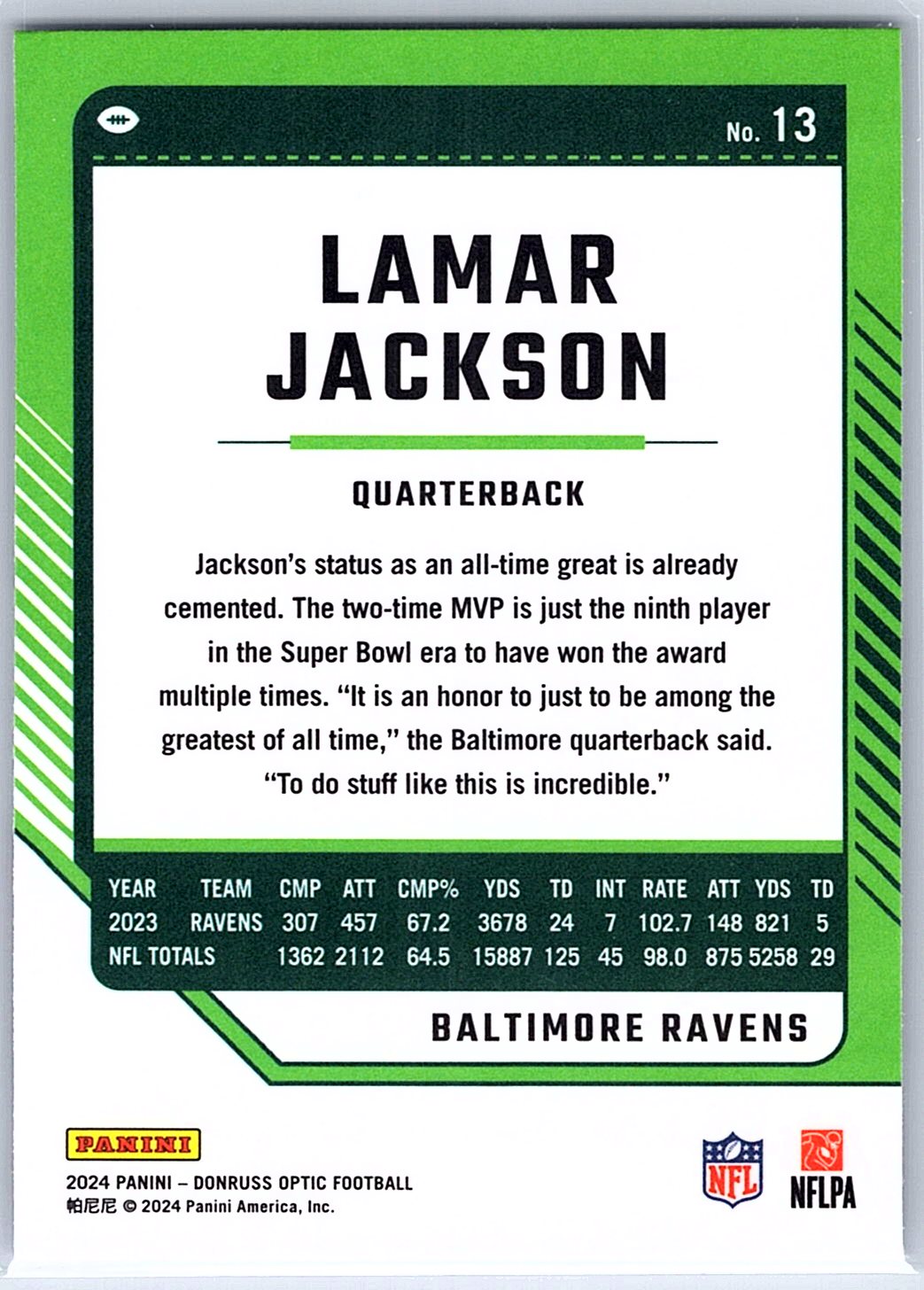 2024 Donruss Optic Lamar Jackson #13 Baltimore Ravens