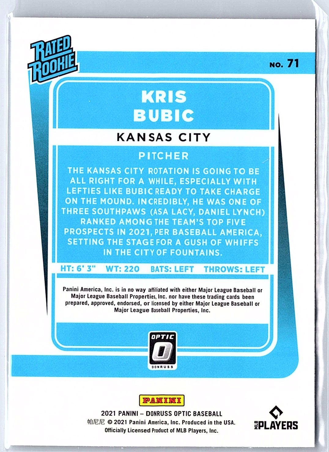 2021 Donruss Optic #71 Kris Bubic RC Rookie