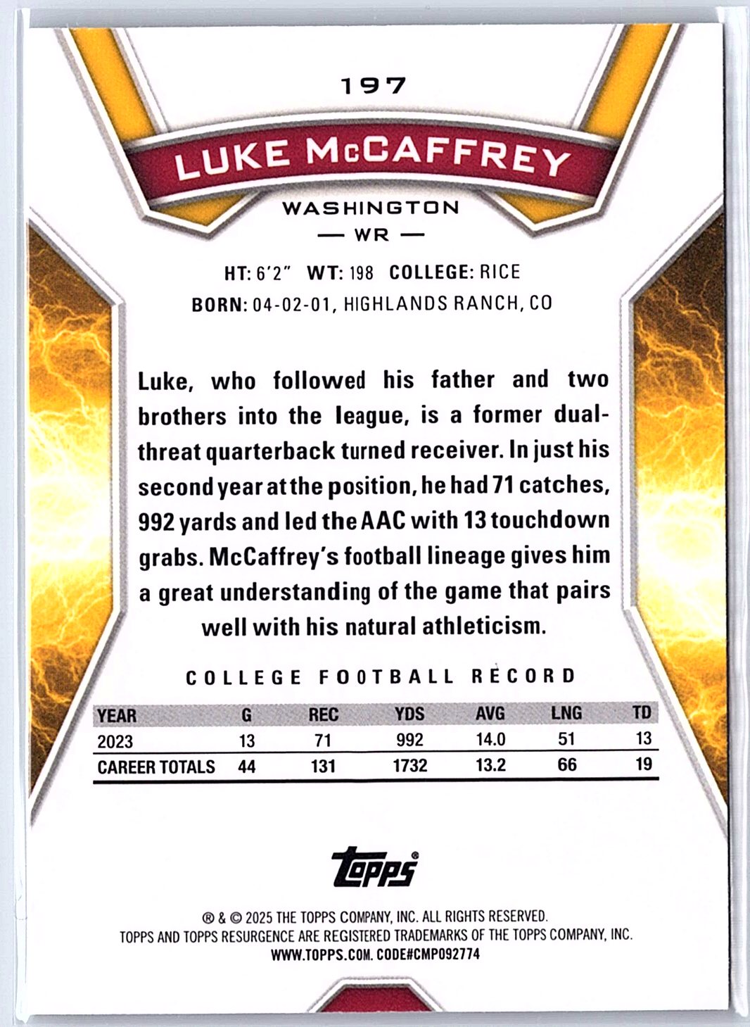 2024 Topps Resurgence #197 Luke McCaffrey RC Rookie