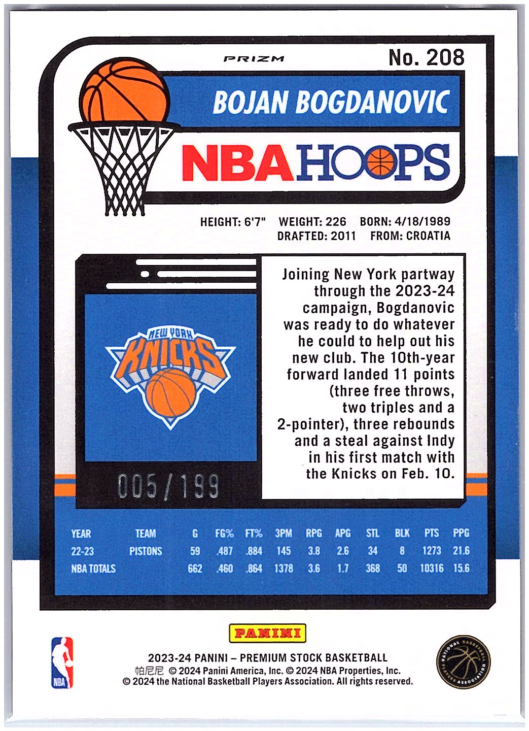 2023-24 Hoops Premium Stock #208 Bojan Bogdanovic Red Seismic Prizm #/199