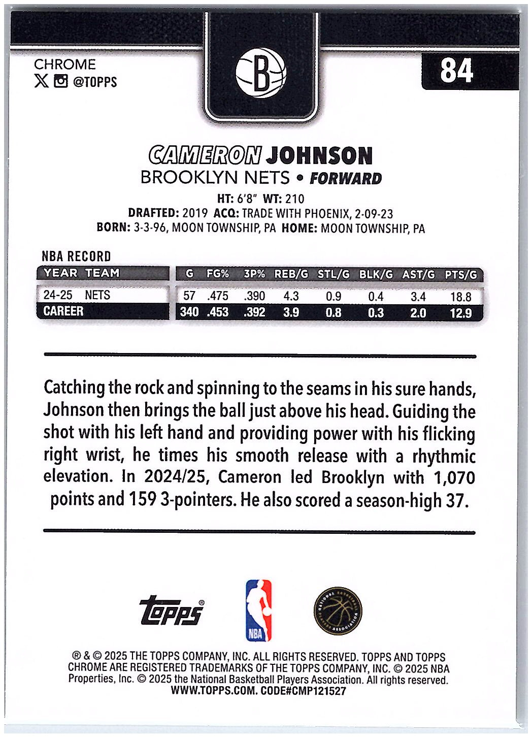 2025-26 Topps Chrome #84 Cameron Johnson Yellow RayWave Refractor #/275