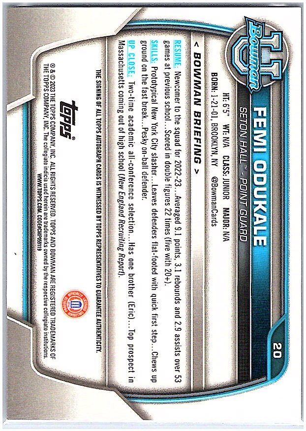2022-23 Bowman University Chrome #20 Femi Odukale Chrome Prospect Autographs