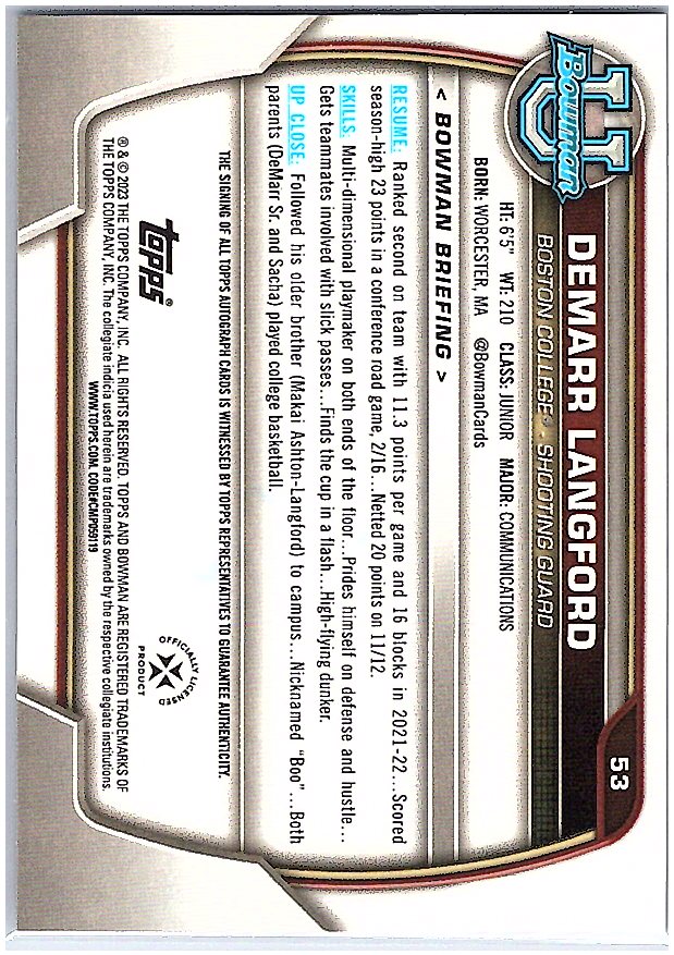 2022-23 Bowman University Chrome #53 Demarr Langford Chrome Prospect Autographs
