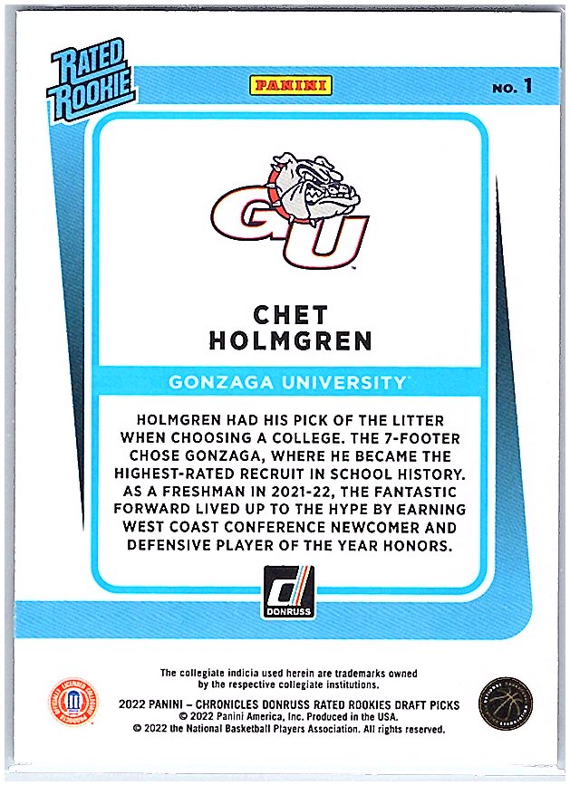 2022 Panini Chronicles Active Picks #1 Chet Holmgren Donruss Rated Rookies