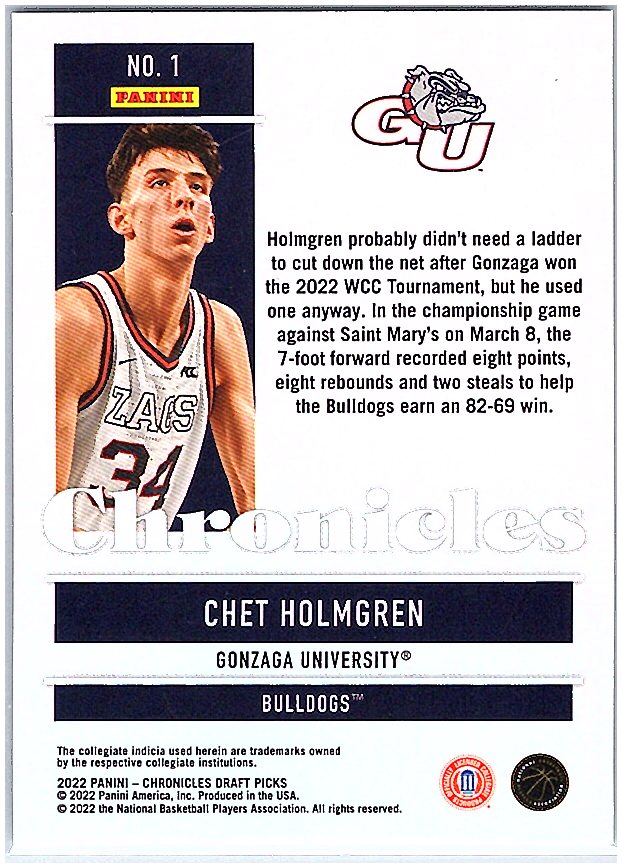 2022 Panini Chronicles Active Picks #1 Chet Holmgren Purple #/49