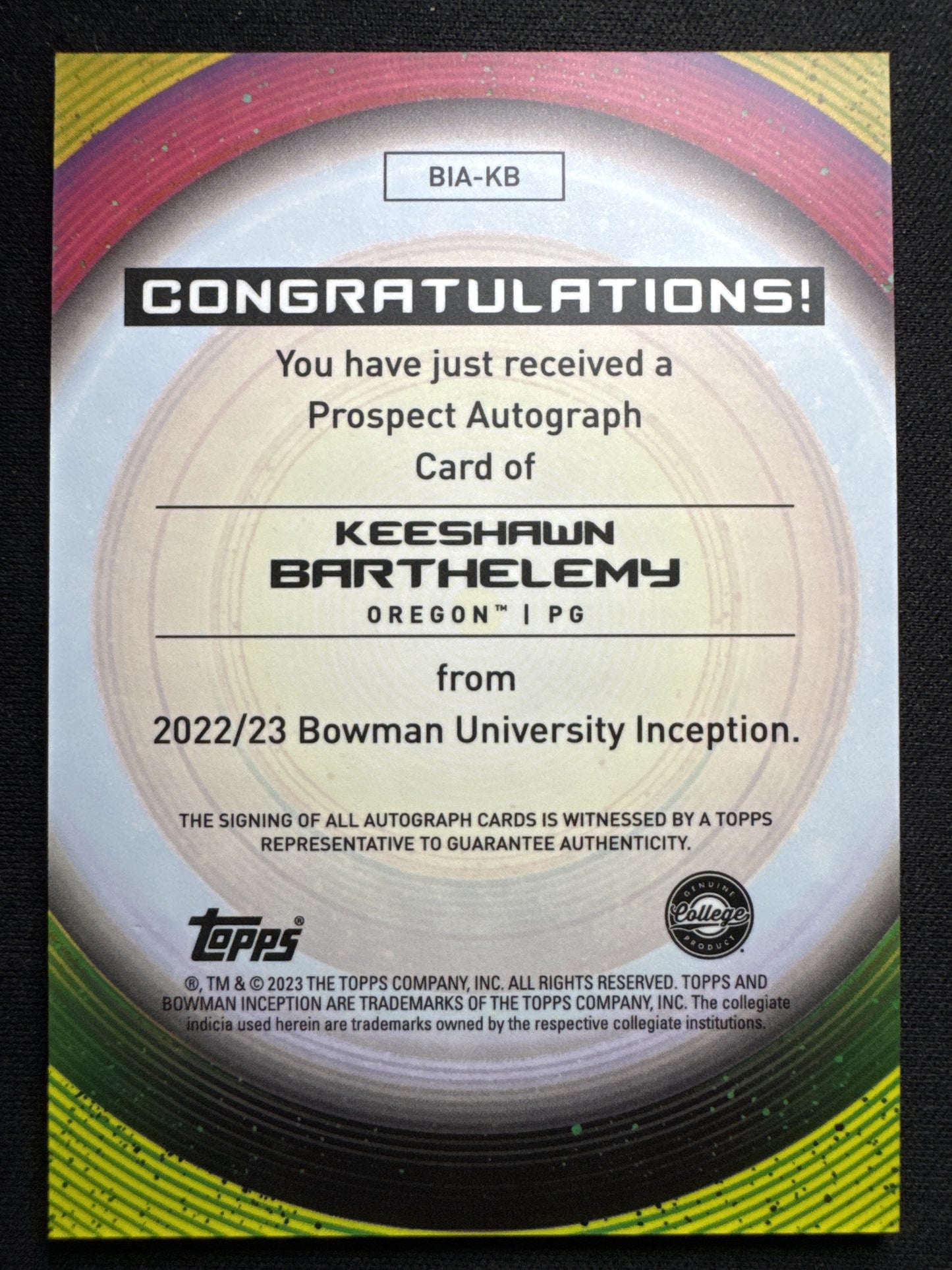 2022-23 Bowman University Inception #BIA-KB Keeshawn Barthelemy Base Autographs