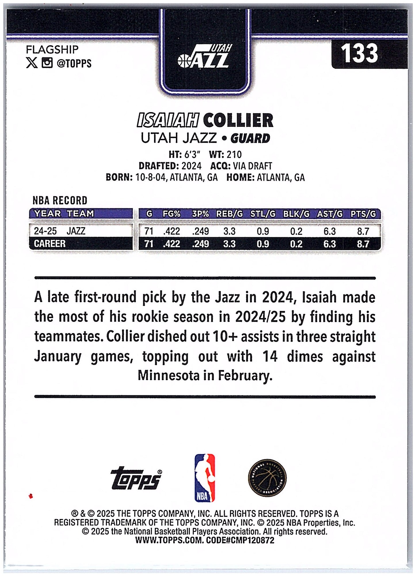 2025-26 Topps #133 Isaiah Collier Gold #/2025