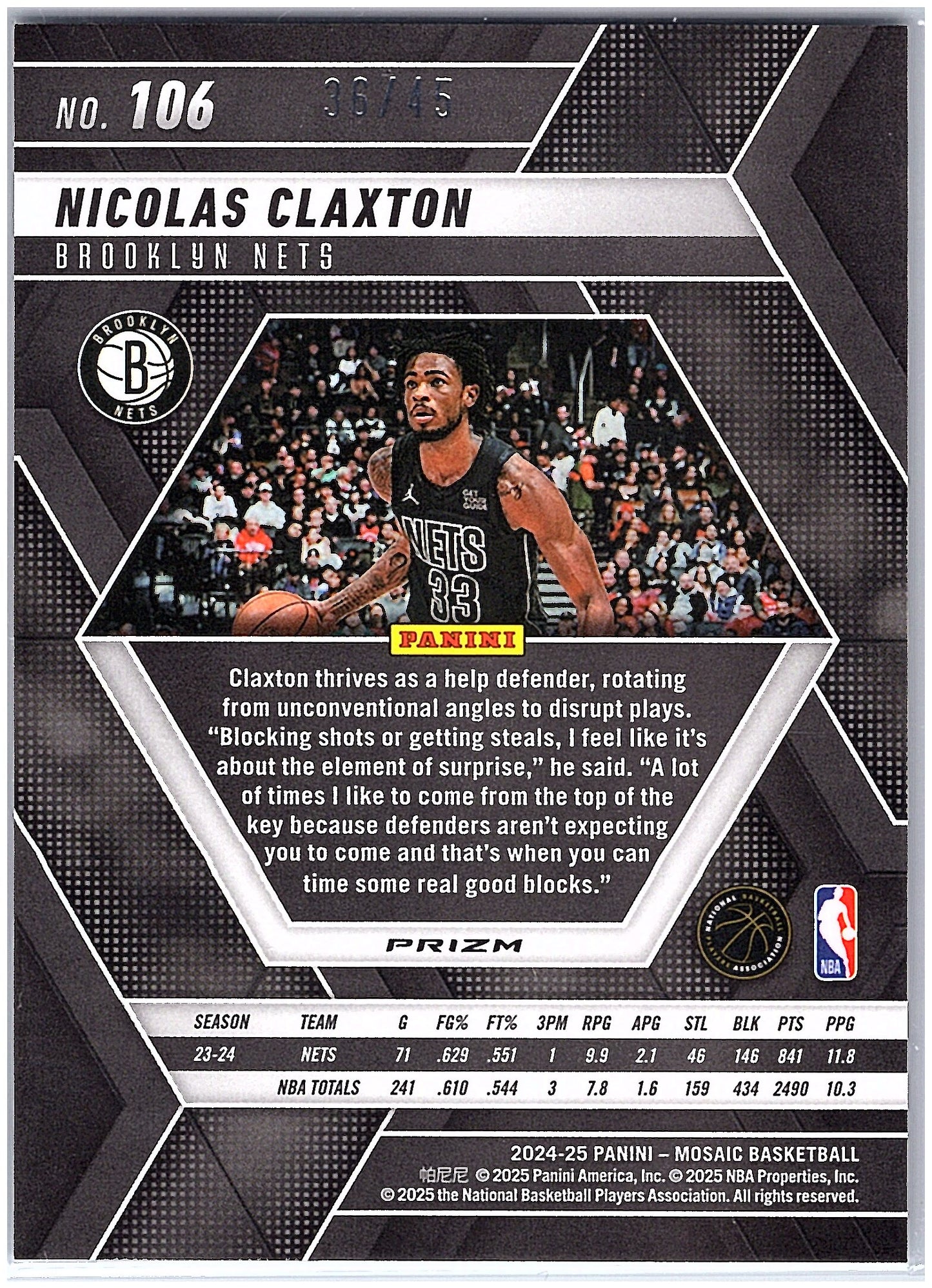 2024-25 Panini Mosaic #106 Nicolas Claxton Choice Blue Mosaic #/45