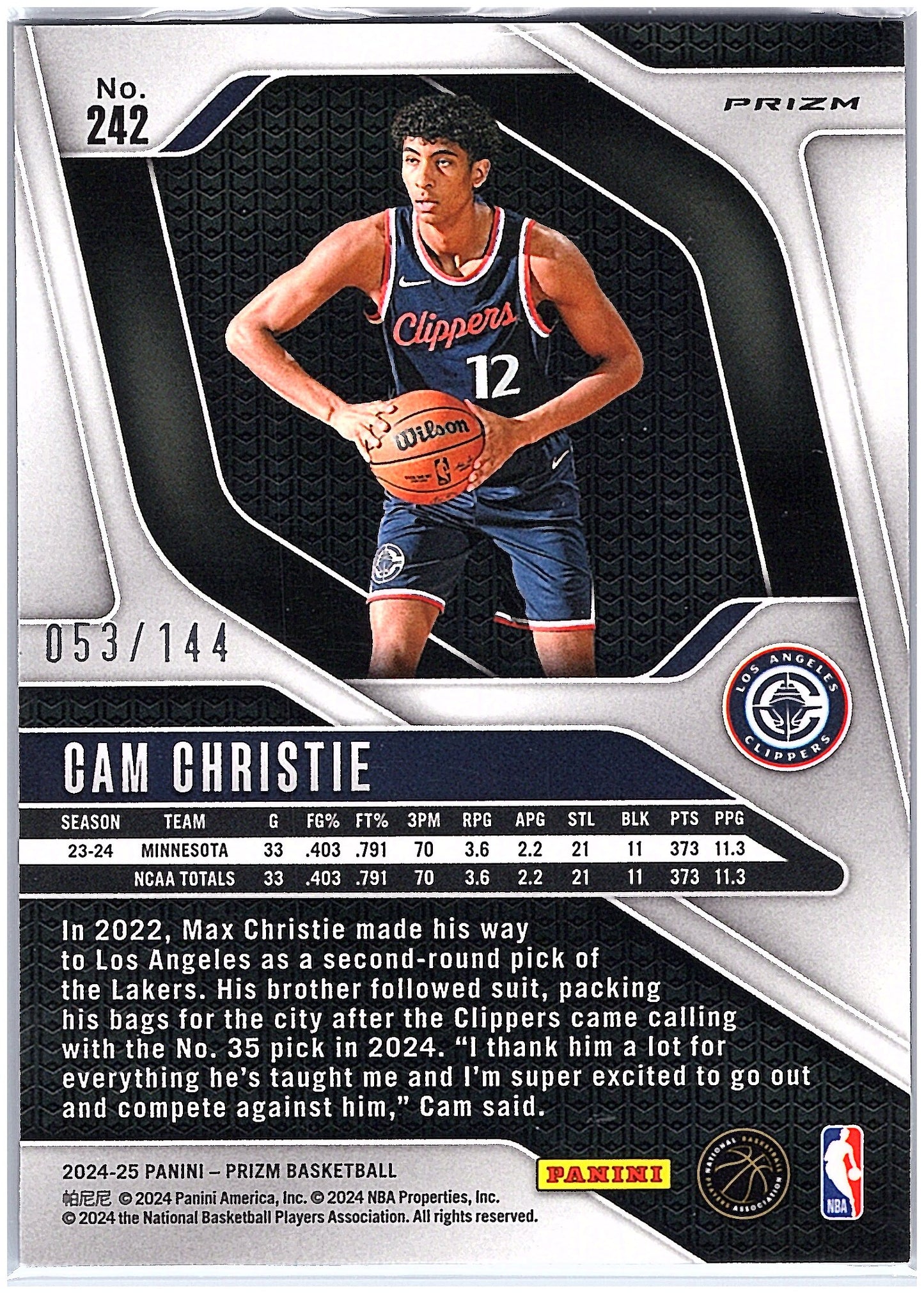 2024-25 Panini Prizm #242 Cam Christie Prizms Blue Sparkle #/144