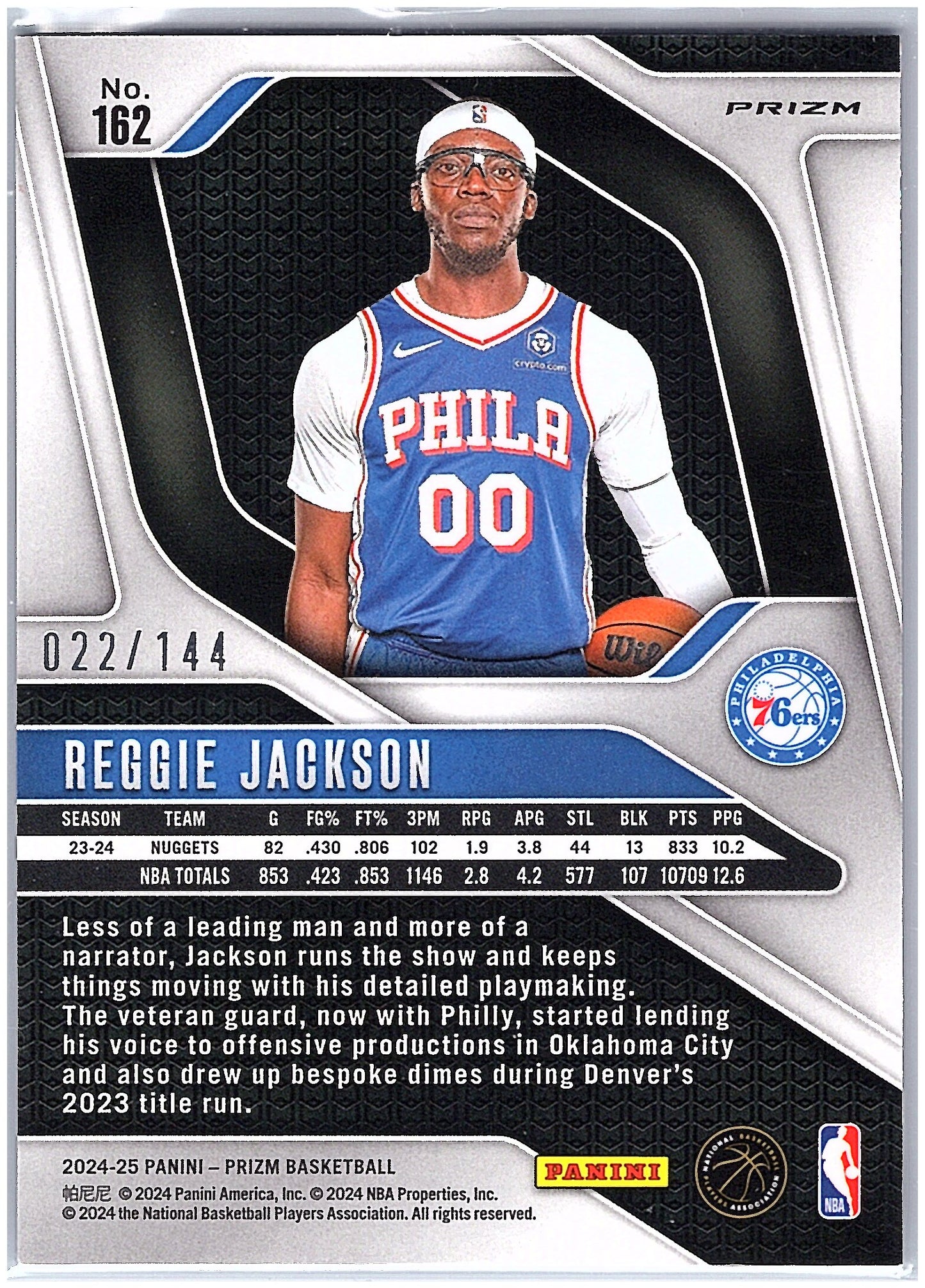 2024-25 Panini Prizm #162 Reggie Jackson Prizms Blue Sparkle #/144