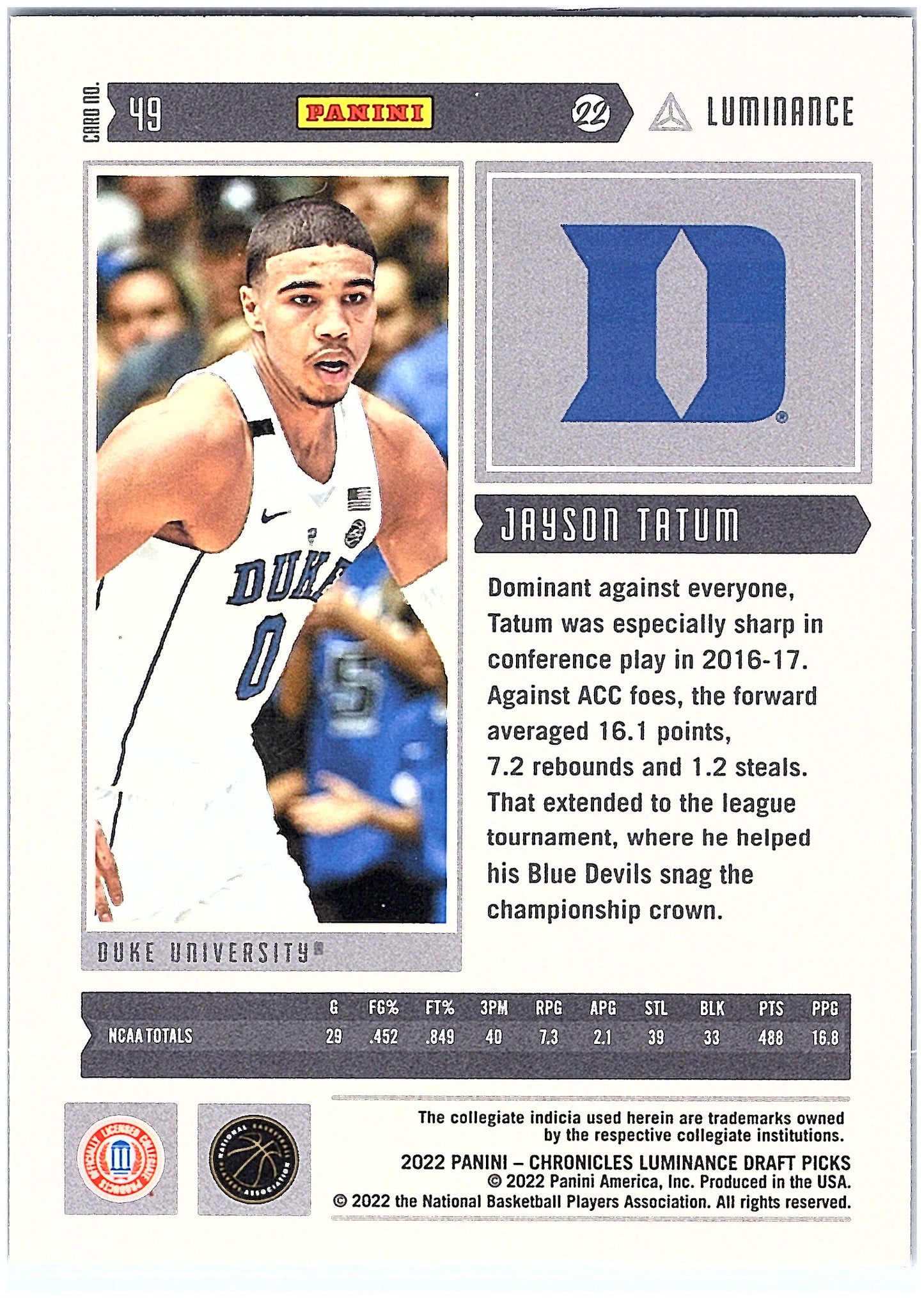 2022 Panini Chronicles Draft Picks #49 Jayson Tatum Luminance