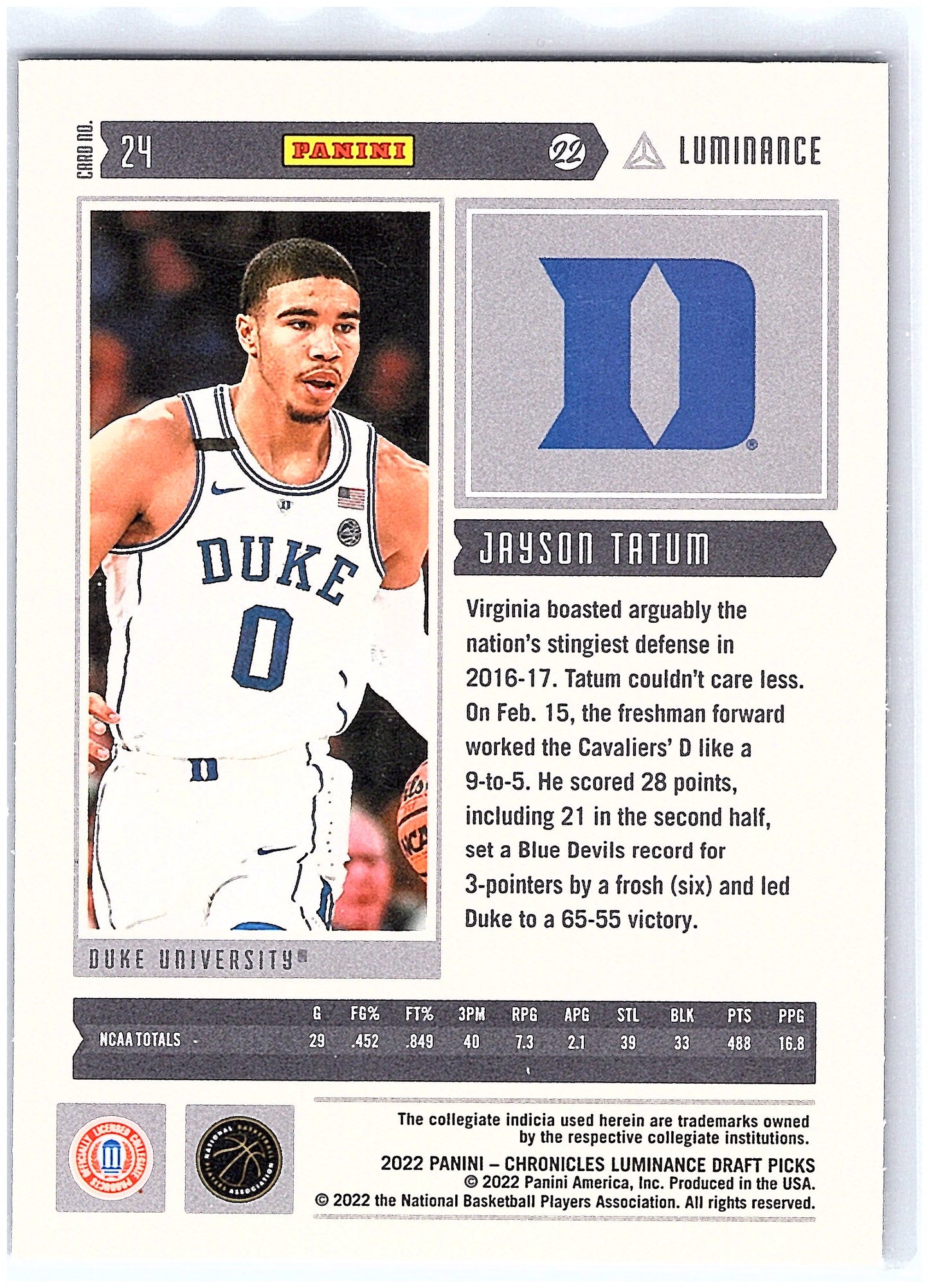 2022 Panini Chronicles Draft Picks #24 Jayson Tatum Luminance