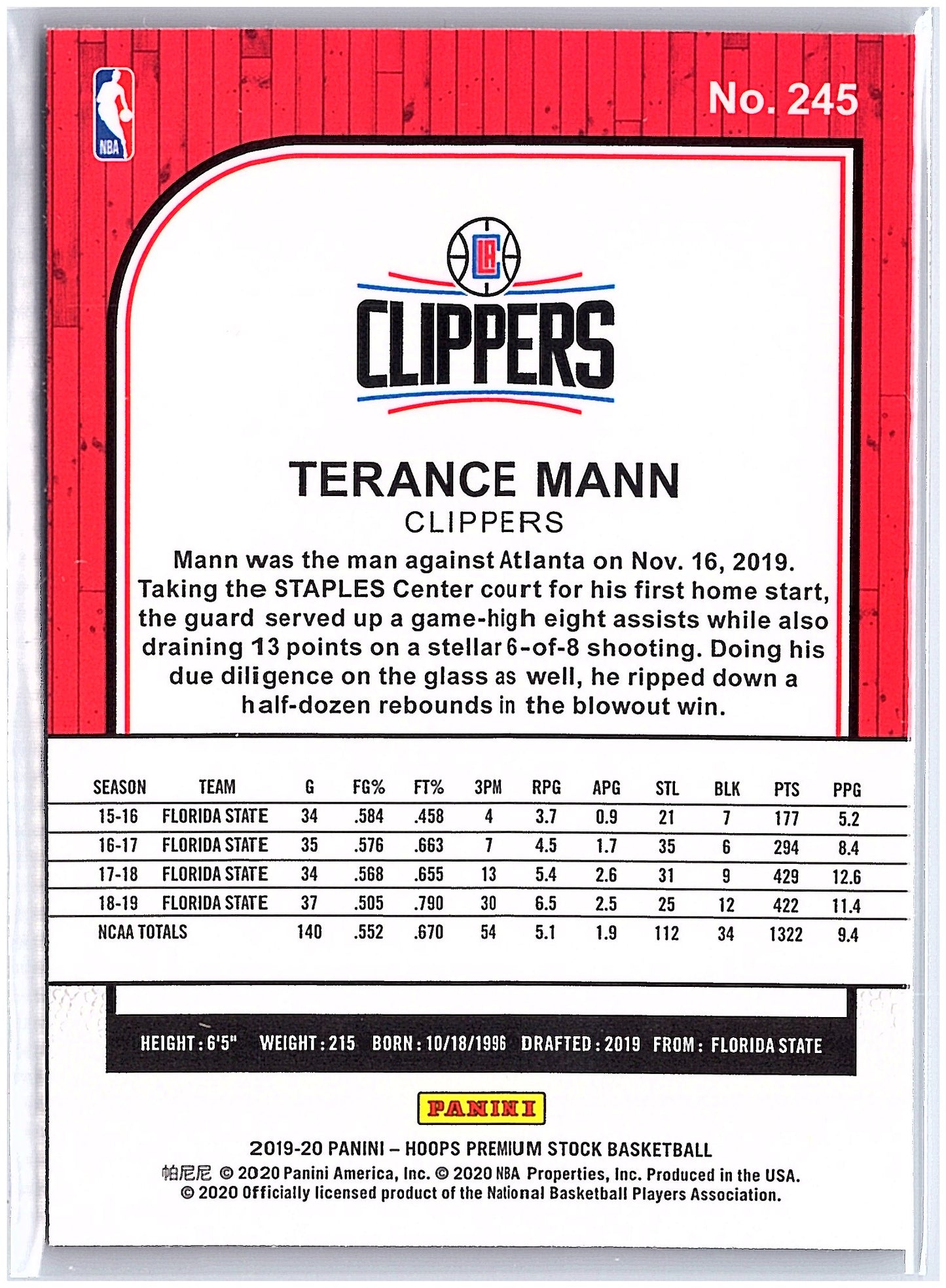 2019-20 Hoops Premium Stock #245 Terance Mann