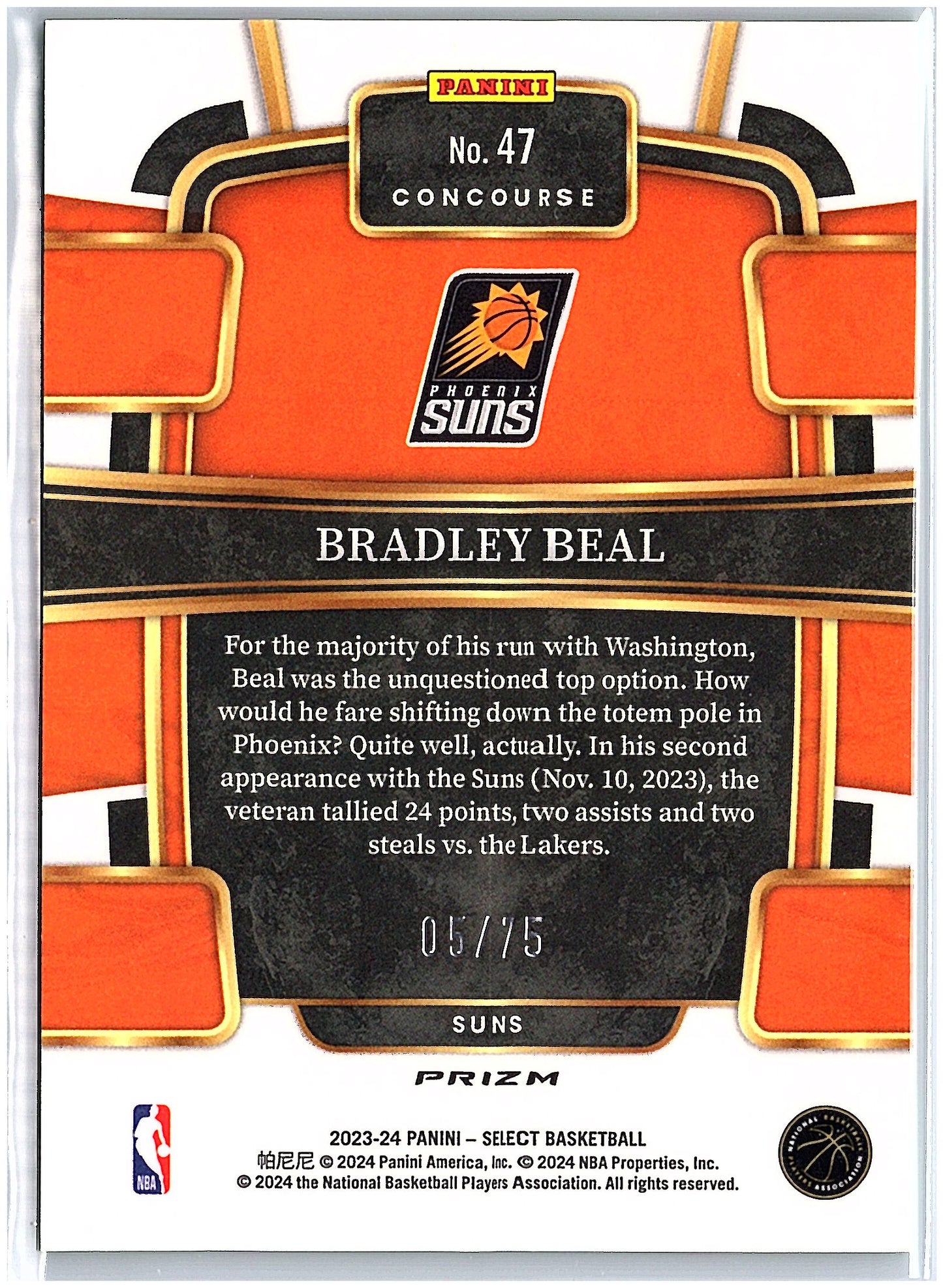 2023-24 Panini Select #47 Bradley Beal Neon Green Prizms #/75