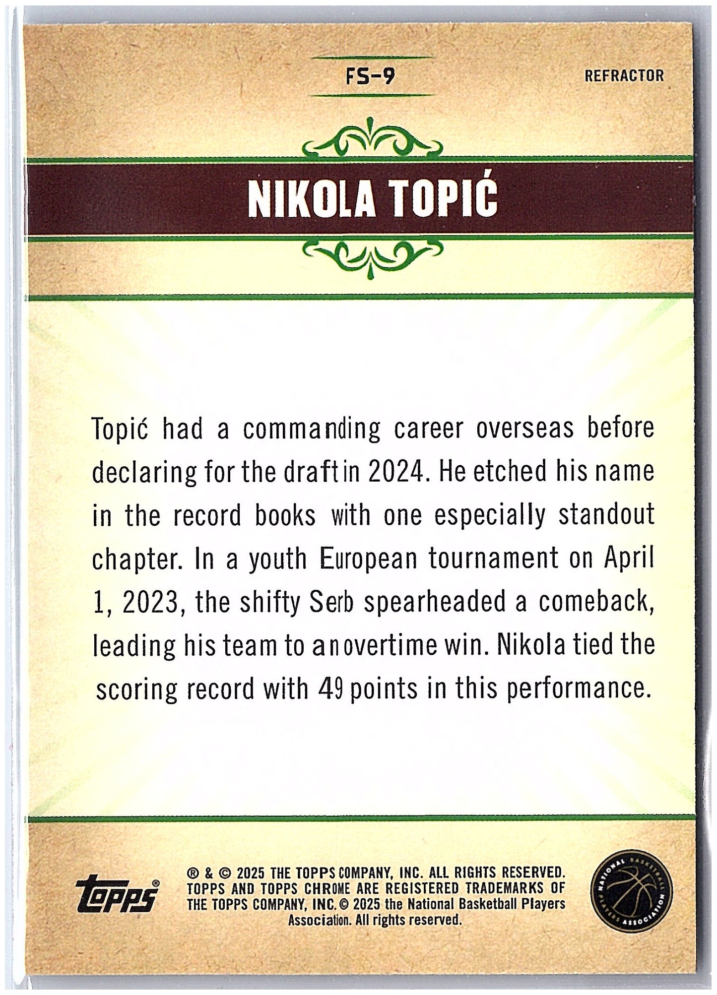2024-25 Topps Chrome - Fresh Start Refractor #FS-9 Nikola Topić