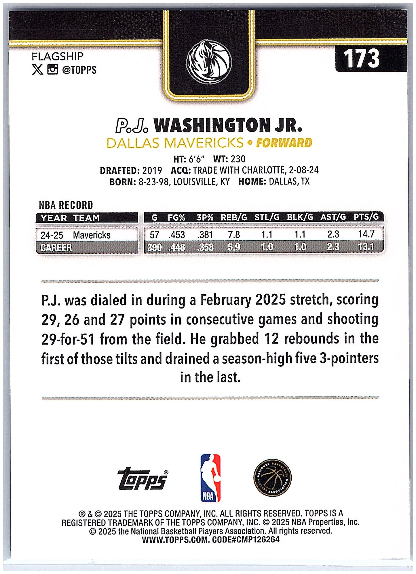 2025-26 Topps #173 P.J. Washington Jr. Flash Drop #/50
