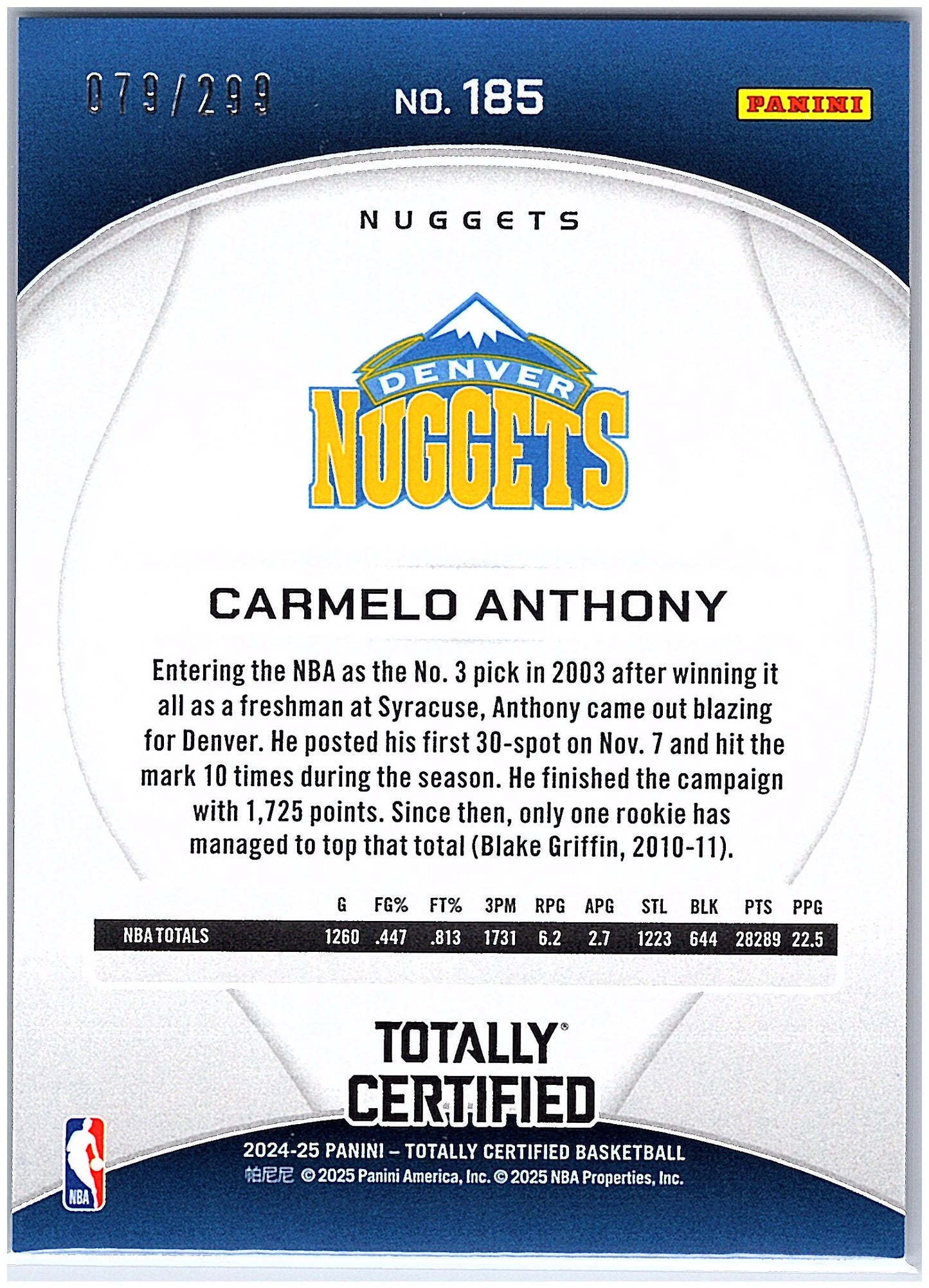 2024-25 Panini Totally Certified #185 Carmelo Anthony Mirror Neon Orange #/299