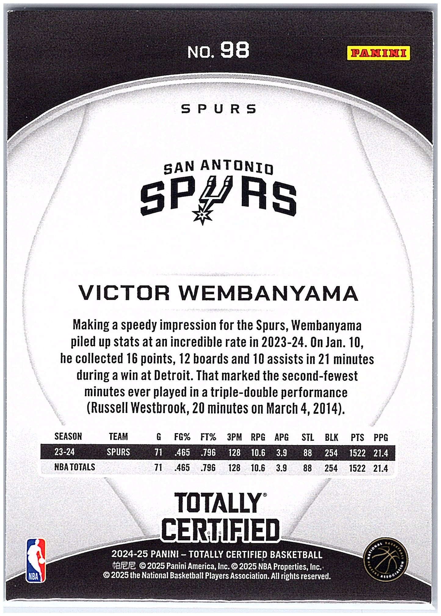 2024-25 Panini Totally Certified #98 Victor Wembanyama Mirror