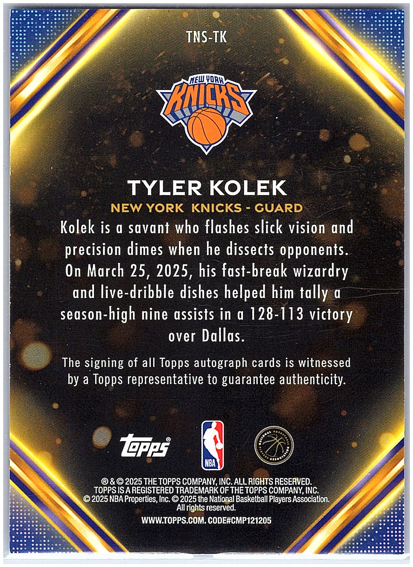 2025-26 Topps #TNS-TK Tyler Kolek Topps Notch Signatures
