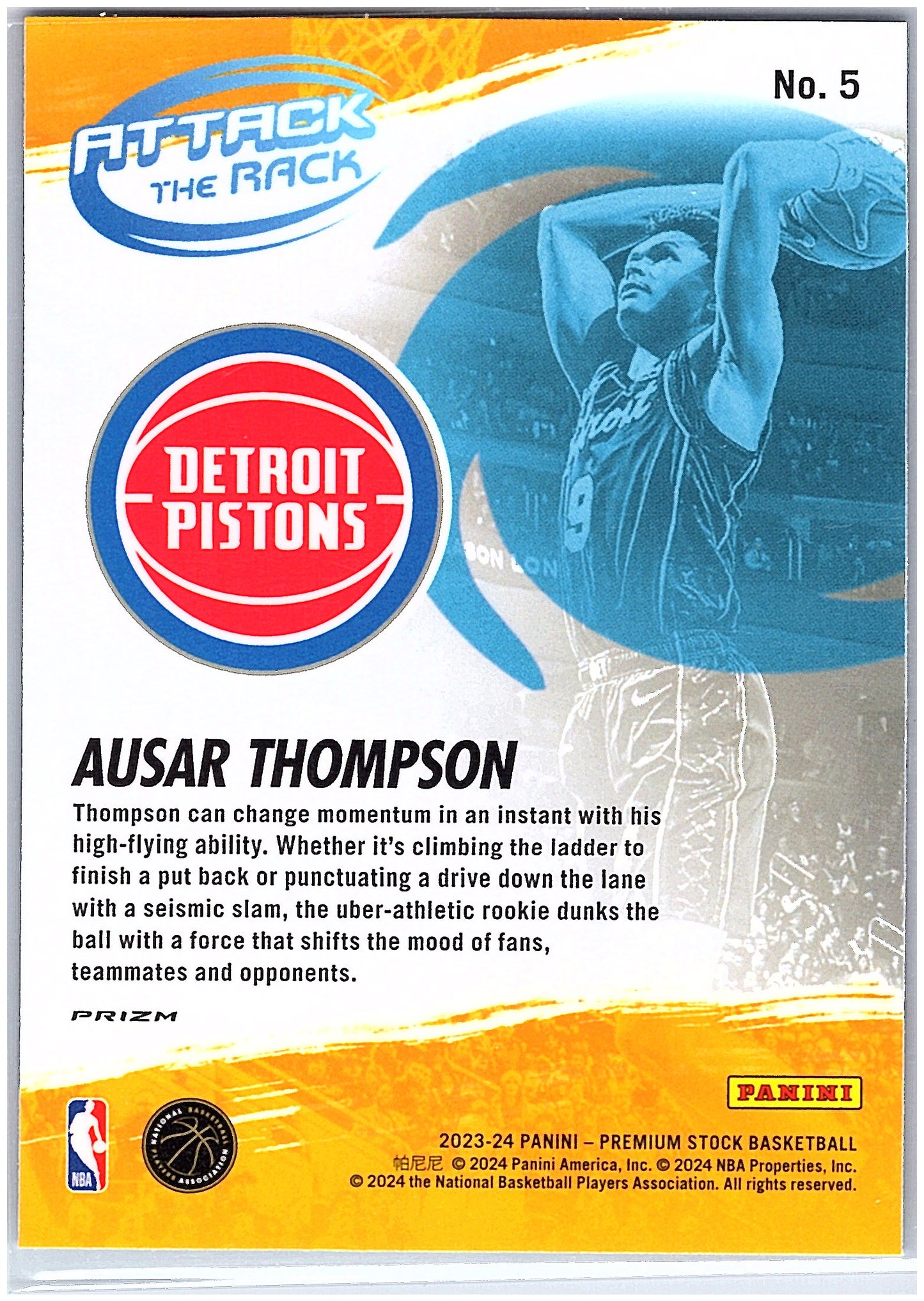 2023-24 Hoops Premium Stock #5 Ausar Thompson Attack The Rack Silver Prizm