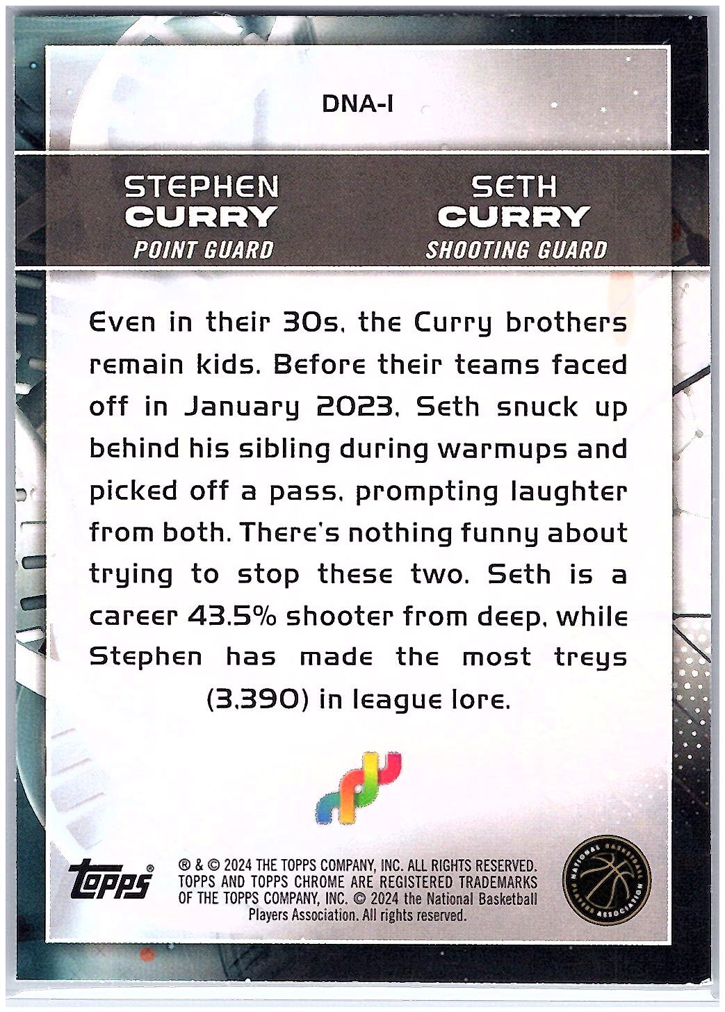 2023-24 Topps Chrome #DNA-1 Stephen Curry / Seth Curry DNA