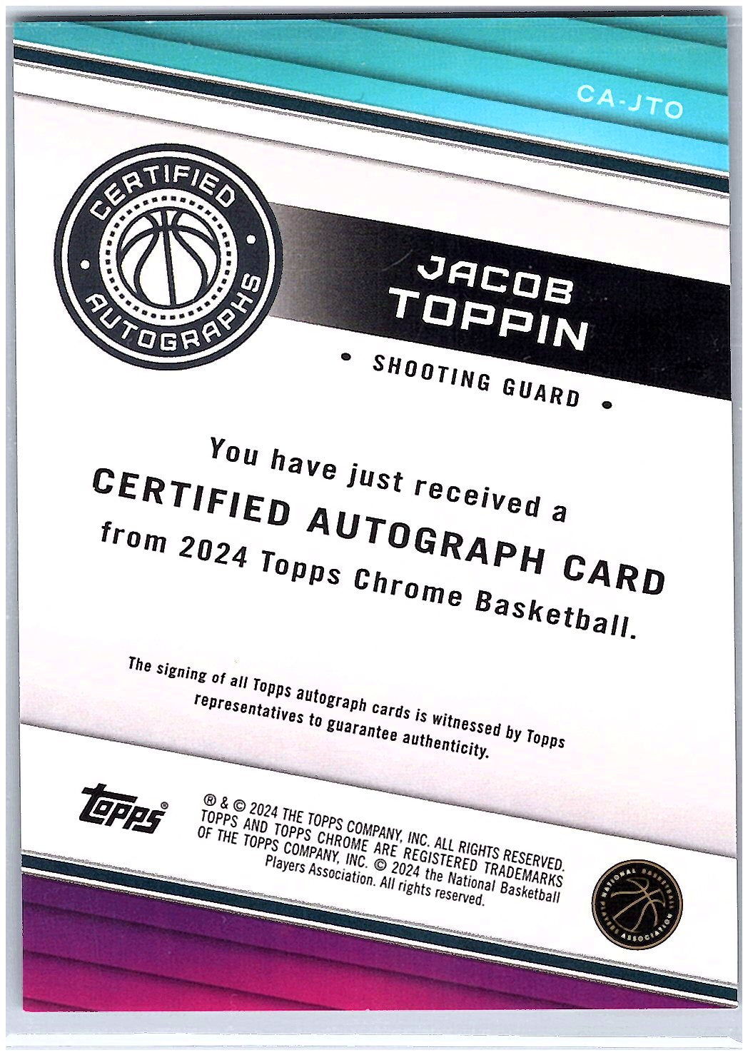2023-24 Topps Chrome #CA-JTO Jacob Toppin Certified Autographs