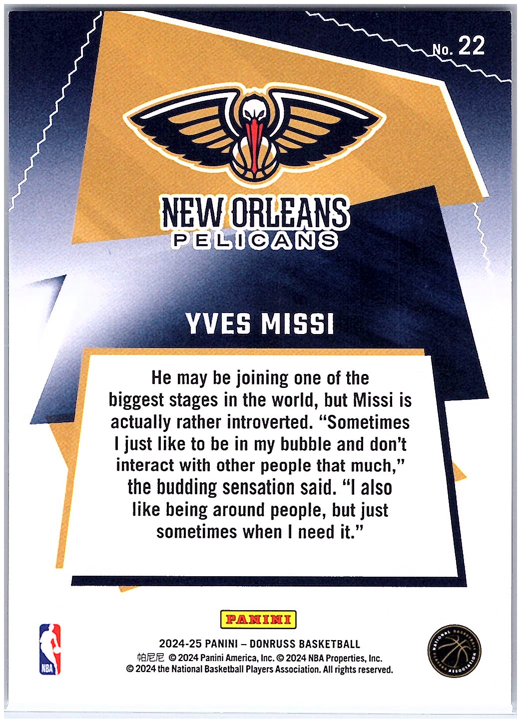 2024-25 Donruss #22 Yves Missi Great X-Pectations Holo Purple Laser #/99