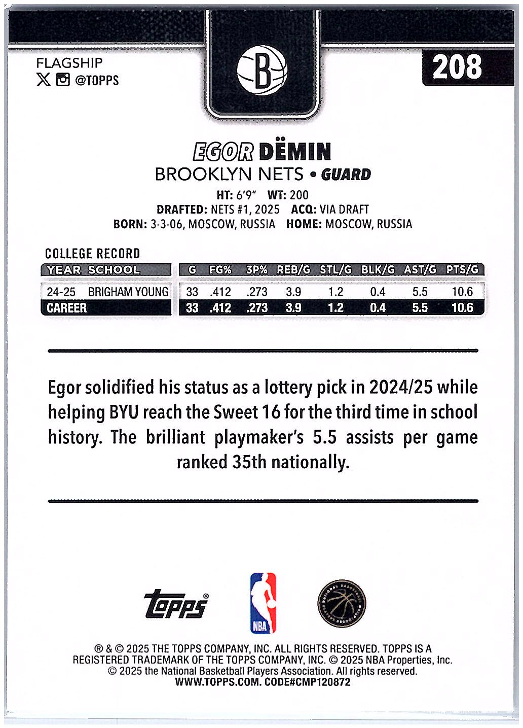 2025-26 Topps #208 Egor Dëmin