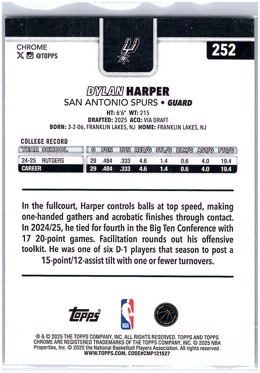 2025-26 Topps Chrome #252 Dylan Harper X-Fractor