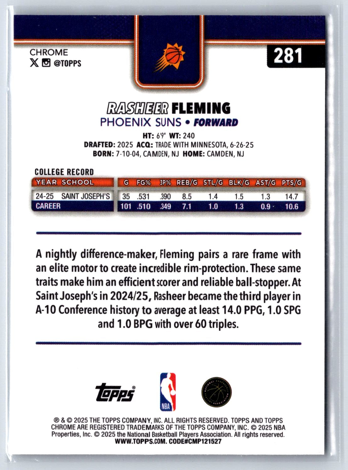 2025-26 Topps Chrome #281 Rasheer Fleming X-Fractor