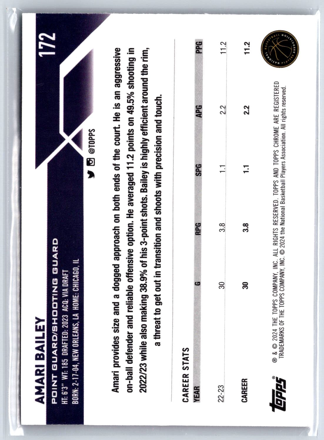 2023-24 Topps Chrome #172 Amari Bailey Pink Refractors