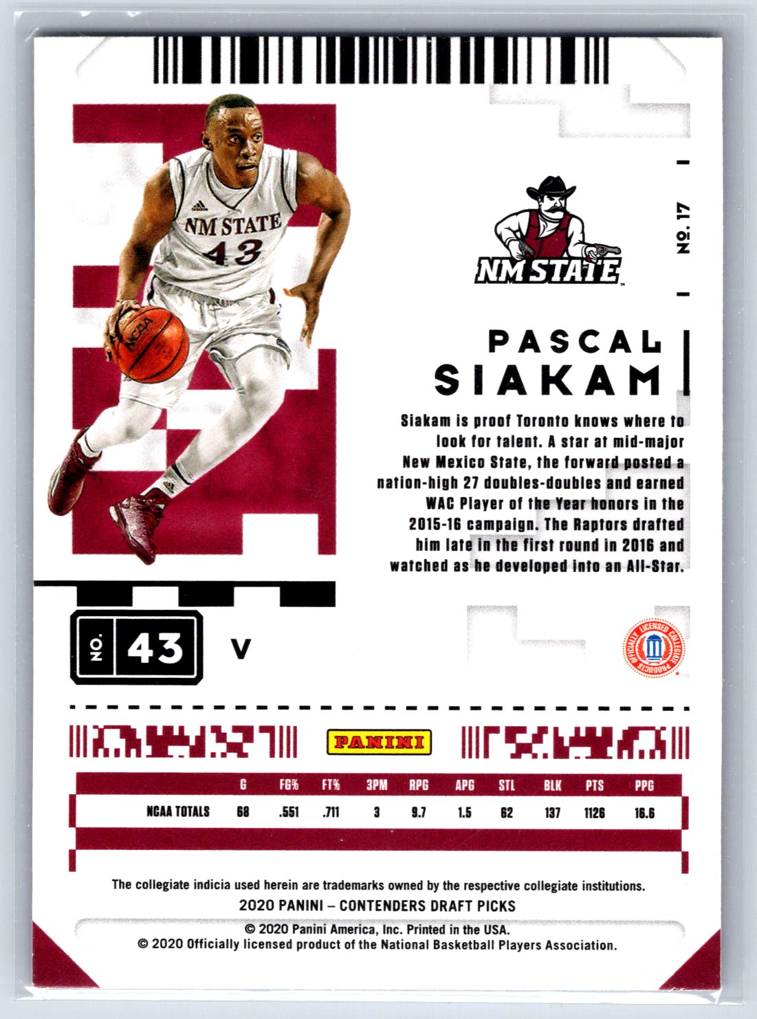 2020 Draft Picks #17b Pascal Siakam Game Ticket Green Explosion White jersey