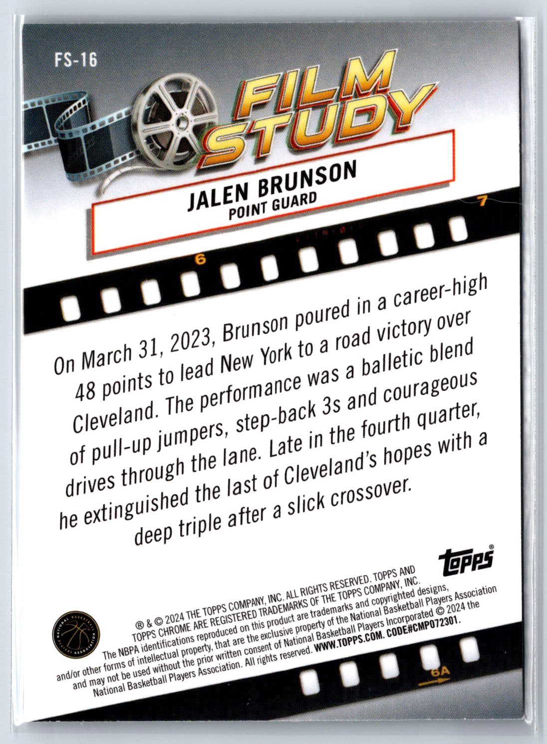 2023-24 Topps Chrome #FS-16 Jalen Brunson Film Study Refractor Green Topps