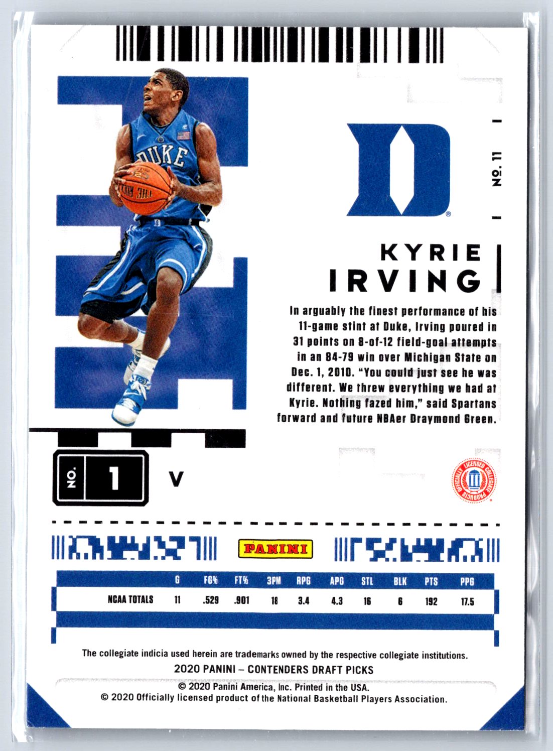 2020 Panini Contenders Draft Picks #11b Kyrie Irving Game Ticket Green Explosion
