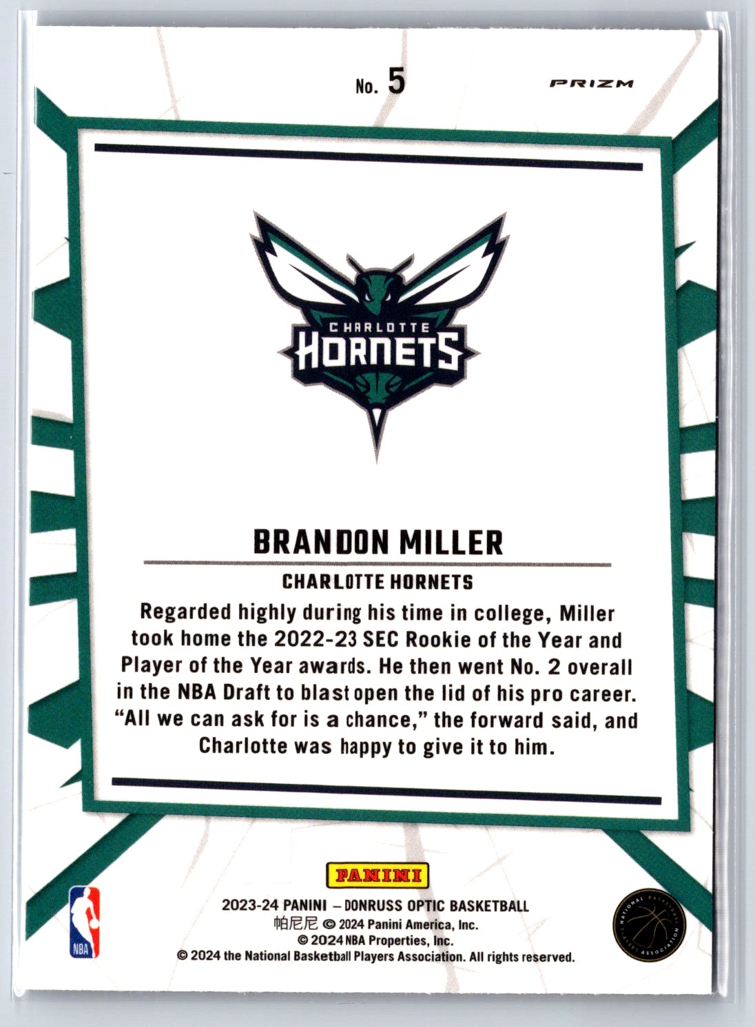 2023-24 Donruss Optic #5 Brandon Miller My House Purple